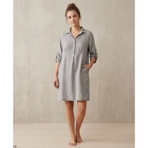 Elena Baldi Italy Gray Linen Lagenlook Tunic Dress Pockets Roll Tab Sleeve Med